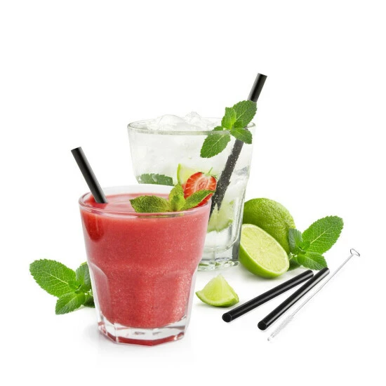 Auslauf 🔥 Gefu Glastrinkhalme 4er Set FUTURE - 13cm, Gerade Version, Schwarz - Mit Bürste 😀