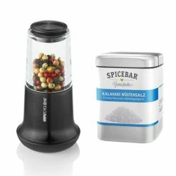 Brandneu 🧨 Gefu Salz/Pfeffermühle X-Plosion S Schwarz Set Mit Spicebar Kalahari Wüstensalz 170 G ⌛